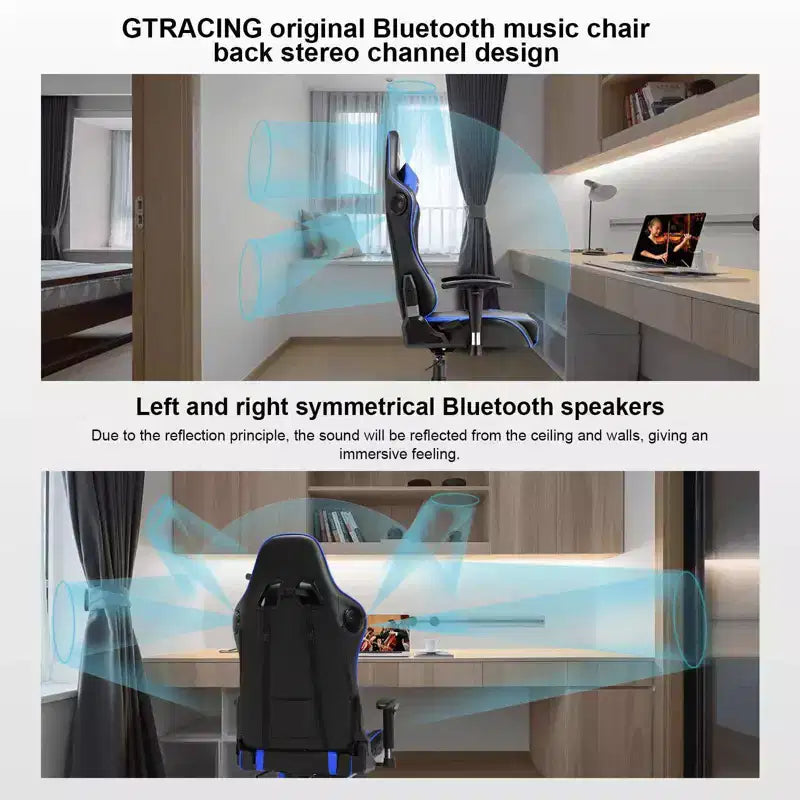Silla gaming GTRACING con altavoces Bluetooth, silla de oficina de PU con respaldo alto, color azul