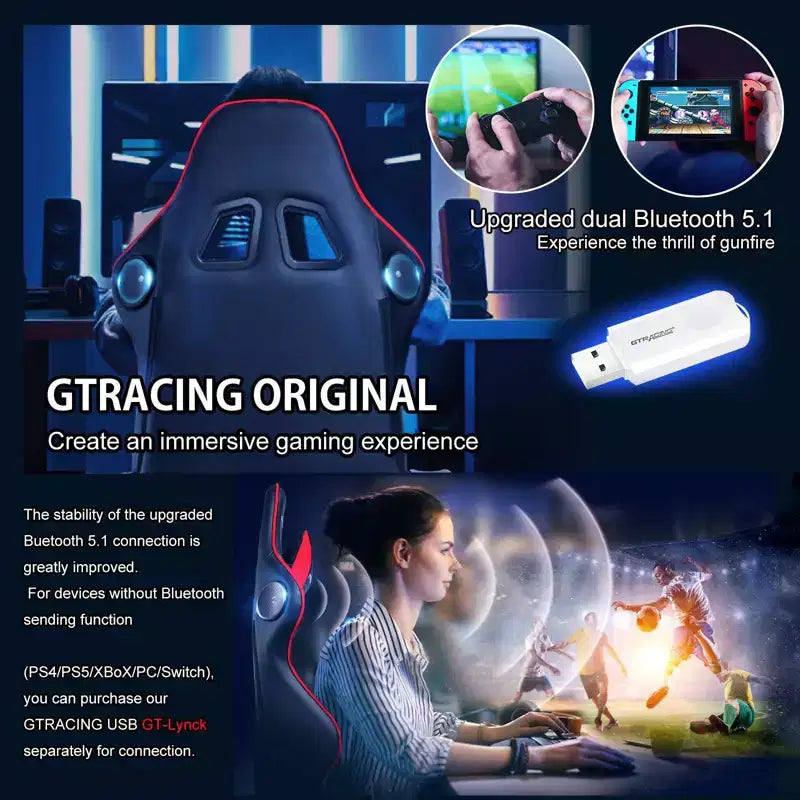 Silla de _gaming_ GTRACING con altavoces Bluetooth, silla de oficina de PU de respaldo alto, roja