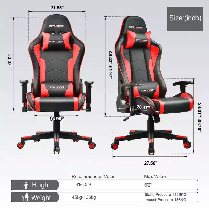 Silla de _gaming_ GTRACING con altavoces Bluetooth, silla de oficina de PU de respaldo alto, roja