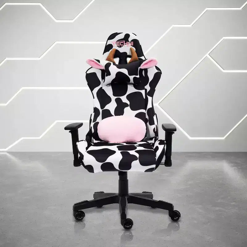 Ts85 Silla gamer de lujo con estampado de vaca - Techni Sport: Tapizado de terciopelo, espuma viscoelástica, ajustable