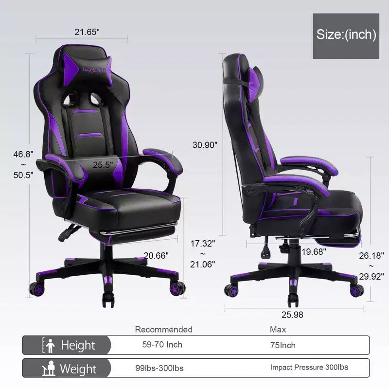 Silla Gaming LUCKRACER con Reposapiés Silla de Escritorio de Oficina de Respaldo Alto Púrpura