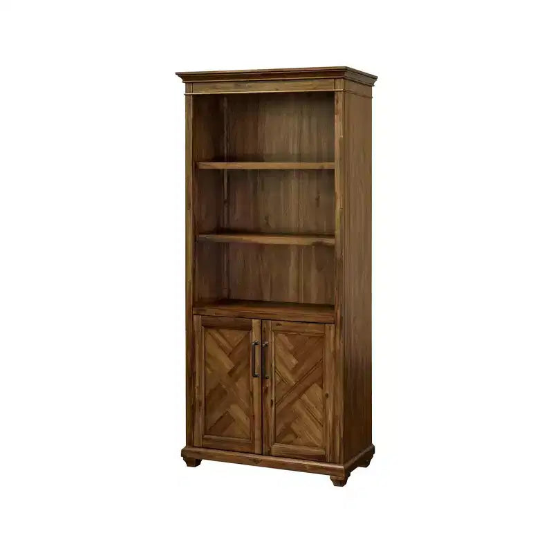 Estantería tradicional de madera de 74" con puertas – 4 estantes, acabado marrón envejecido, completamente ensamblada