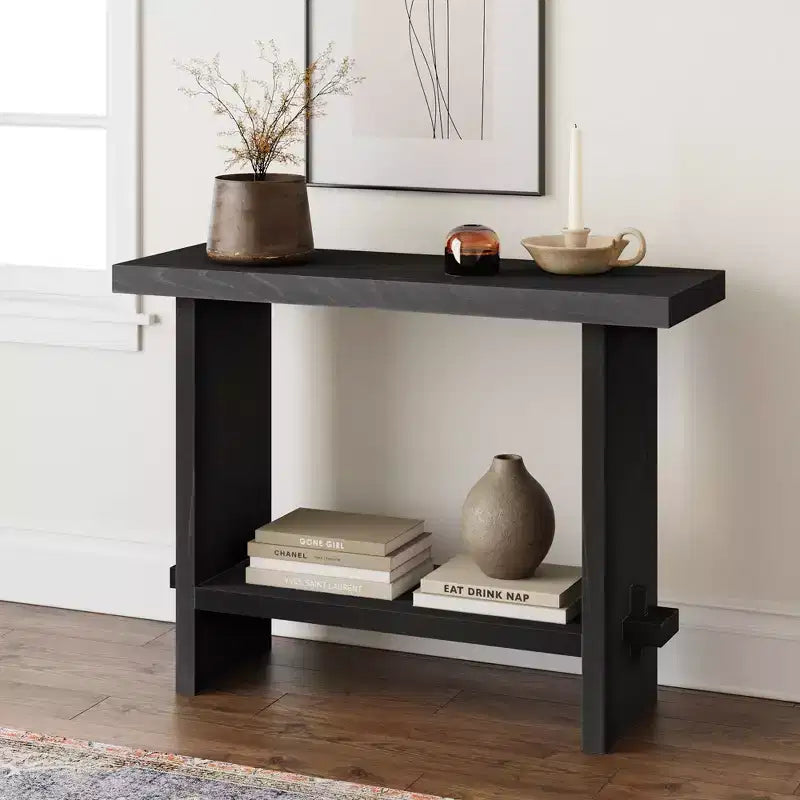 Mesa de Sofá Consola – 40" Estrecha, Chapa de Roble Negro Recuperado, 2 Niveles, Estilo Rústico