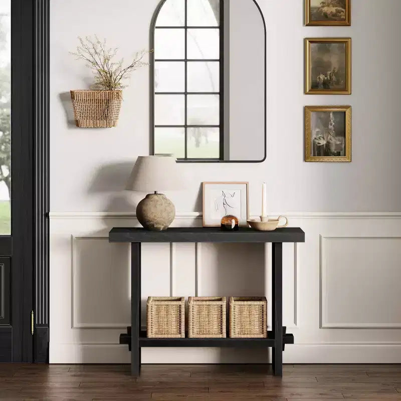 Mesa de Sofá Consola – 40" Estrecha, Chapa de Roble Negro Recuperado, 2 Niveles, Estilo Rústico
