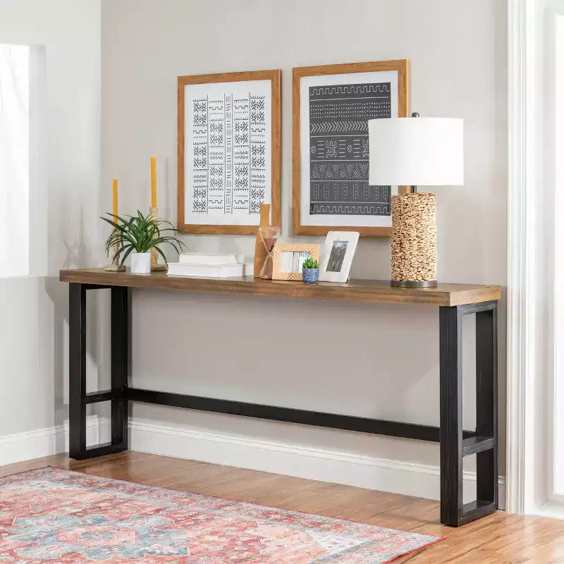 Mesa de Bar Sofá de Estilo Rústico – Consola Industrial Moderna, Nogal y Marco de Metal Negro