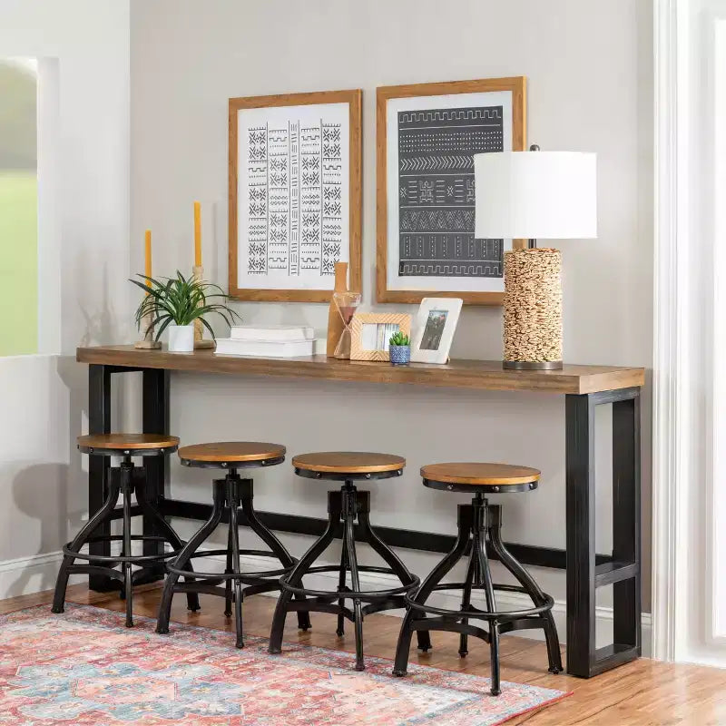 Mesa de Bar Sofá de Estilo Rústico – Consola Industrial Moderna, Nogal y Marco de Metal Negro