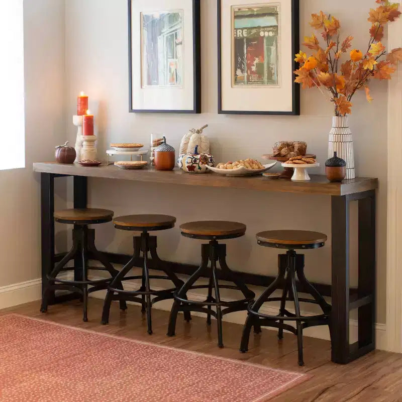 Mesa de Bar Sofá de Estilo Rústico – Consola Industrial Moderna, Nogal y Marco de Metal Negro