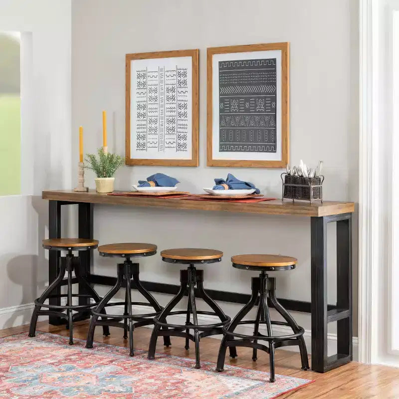 Mesa de Bar Sofá de Estilo Rústico – Consola Industrial Moderna, Nogal y Marco de Metal Negro
