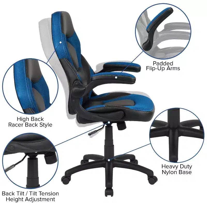 Flash Furniture X10 Silla de juego Silla de oficina de carreras ergonómica para computadora PC Silla giratoria ajustable con brazos abatibles