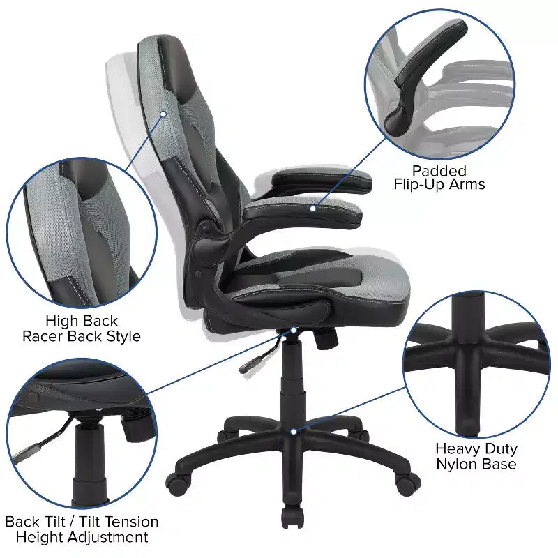 Flash Furniture X10 Silla de juego Silla de oficina de carreras ergonómica para computadora PC Silla giratoria ajustable con brazos abatibles