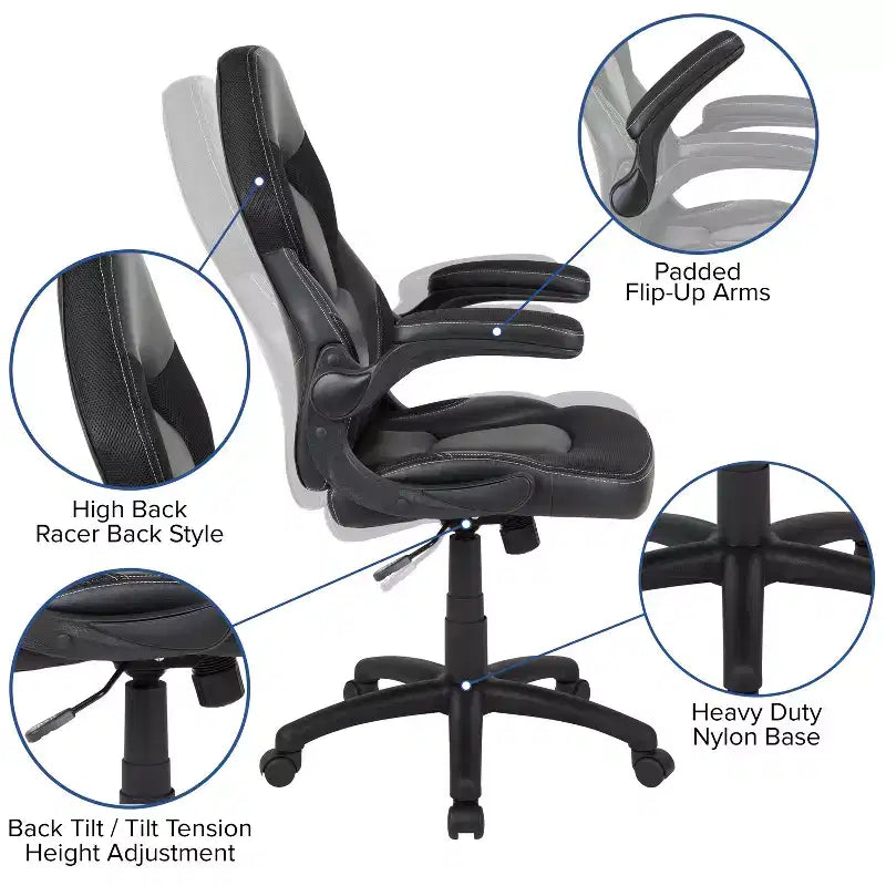 Flash Furniture X10 Silla de juego Silla de oficina de carreras ergonómica para computadora PC Silla giratoria ajustable con brazos abatibles
