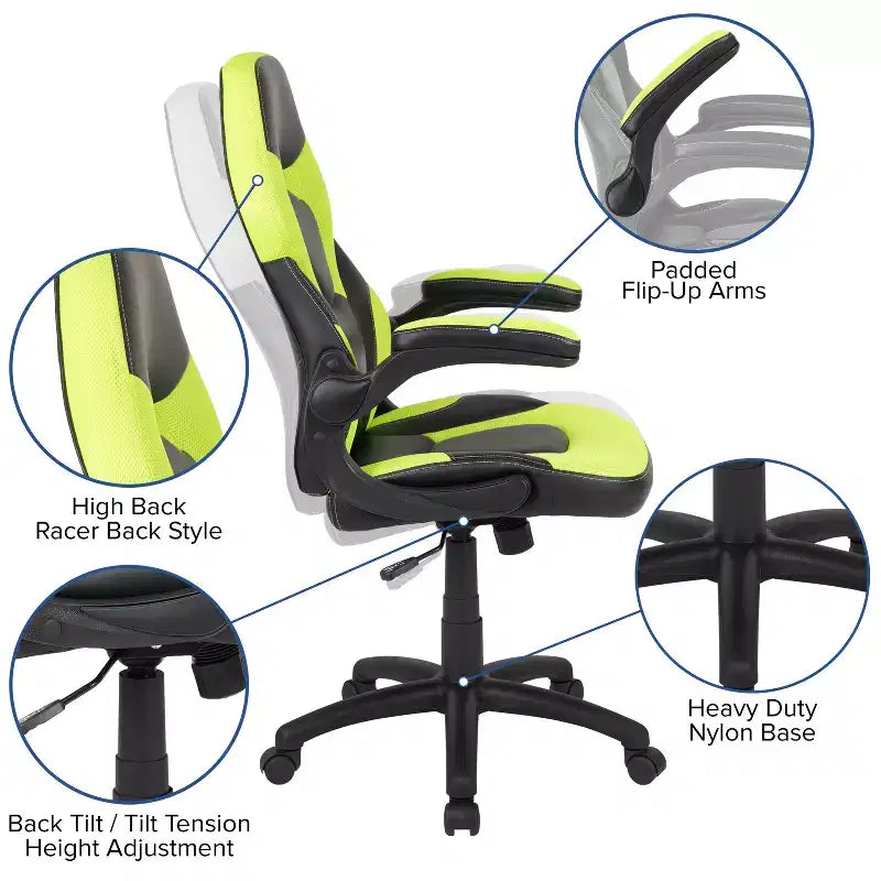 Flash Furniture X10 Silla de juego Silla de oficina de carreras ergonómica para computadora PC Silla giratoria ajustable con brazos abatibles