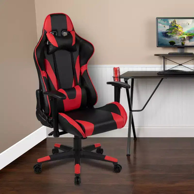 Silla de juego ergonómica Emma and Oliver Racing con respaldo reclinable en piel sintética roja