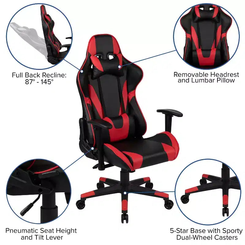 Silla de juego ergonómica Emma and Oliver Racing con respaldo reclinable en piel sintética roja
