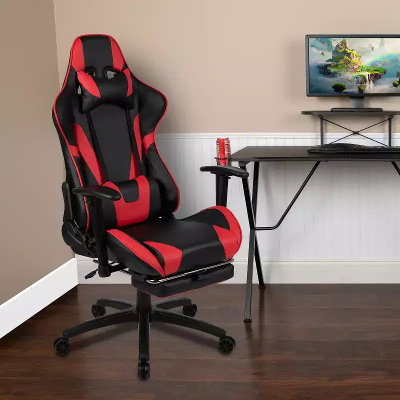 Sillón ergonómico de piel sintética roja reclinable con reposapiés para videojuegos Emma and Oliver Racing