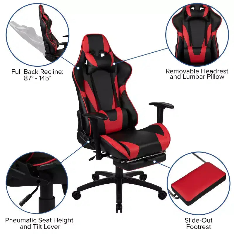 Sillón ergonómico de piel sintética roja reclinable con reposapiés para videojuegos Emma and Oliver Racing