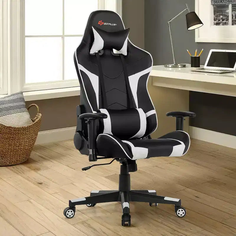 Silla ergonómica reclinable para videojuegos Costway con masaje, giratoria, de oficina, con soporte lumbar, en blanco, azul, gris o rojo