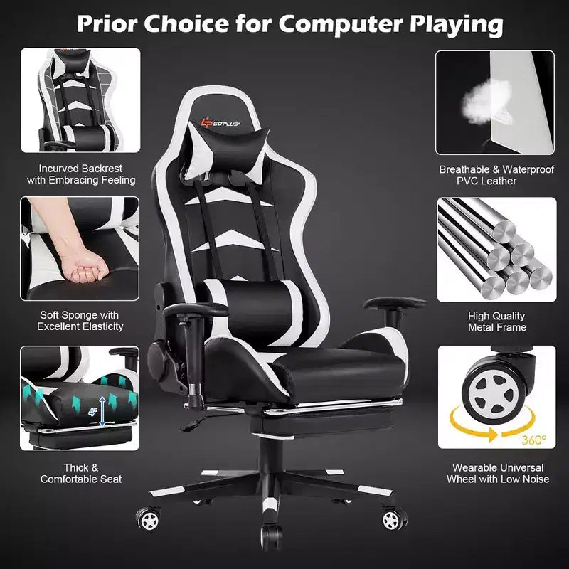 Silla de oficina para masajes Costway, giratoria y reclinable, para videojuegos, con reposapiés