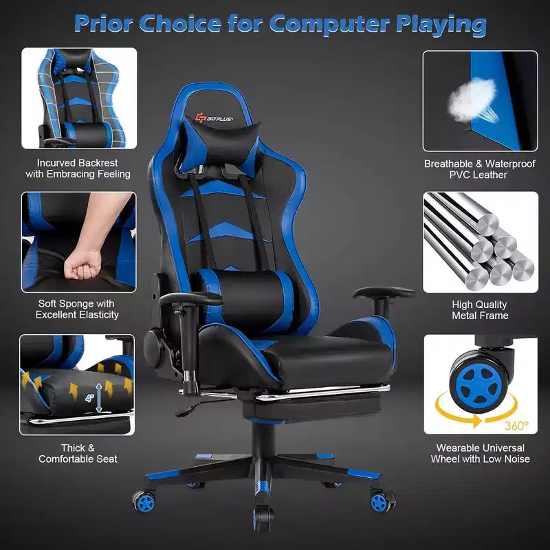 Silla de oficina para masajes Costway, giratoria y reclinable, para videojuegos, con reposapiés