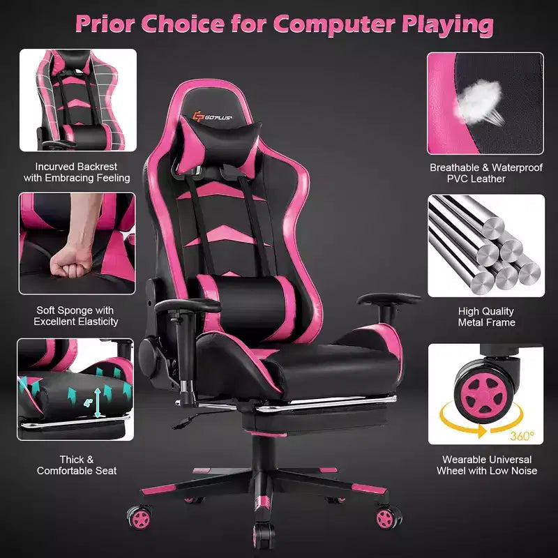 Sillón de oficina de masaje Costway, reclinable, giratorio, estilo racing, con reposapiés