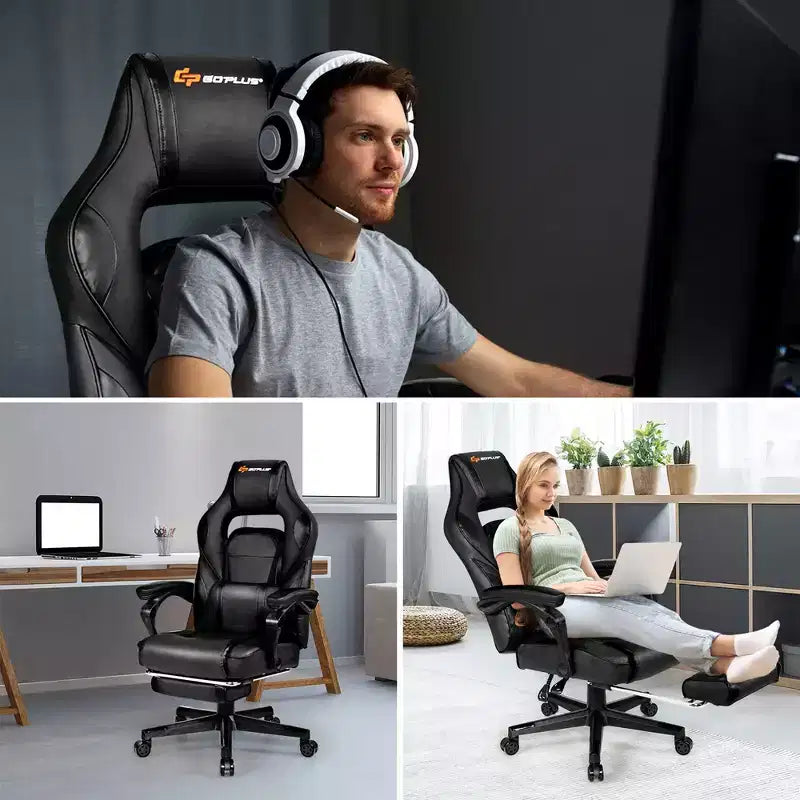 Sillón de masaje para juegos Costway, silla de oficina para computadora reclinable, estilo carreras, con reposapiés, en blanco/negro/azul/rojo