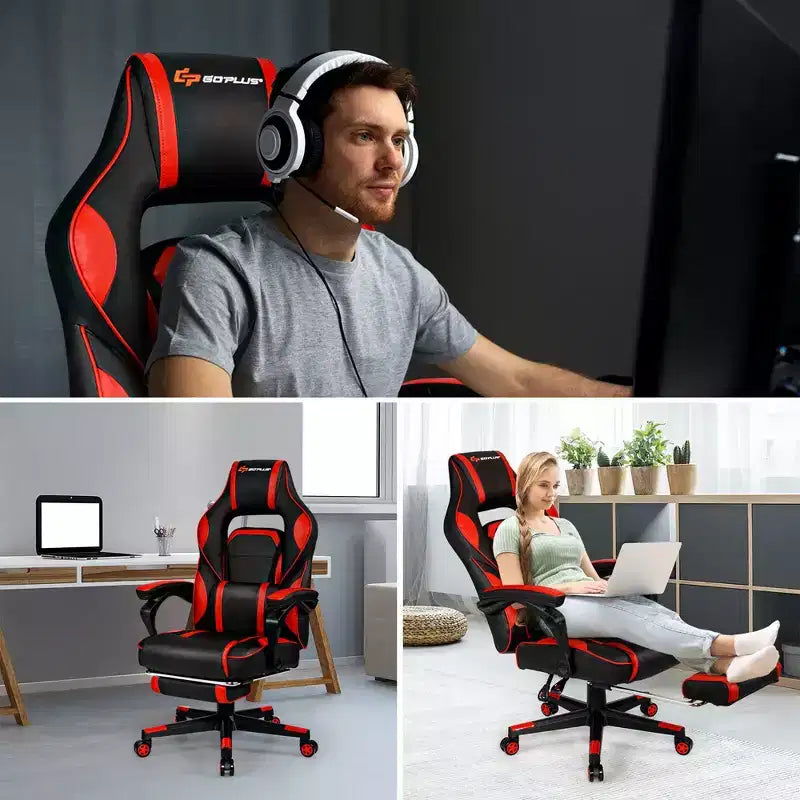 Sillón de masaje para juegos Costway, silla de oficina para computadora reclinable, estilo carreras, con reposapiés, en blanco/negro/azul/rojo
