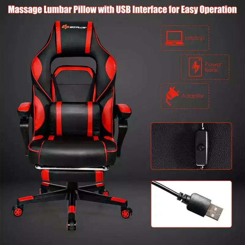 Sillón de masaje para juegos Costway, silla de oficina para computadora reclinable, estilo carreras, con reposapiés, en blanco/negro/azul/rojo