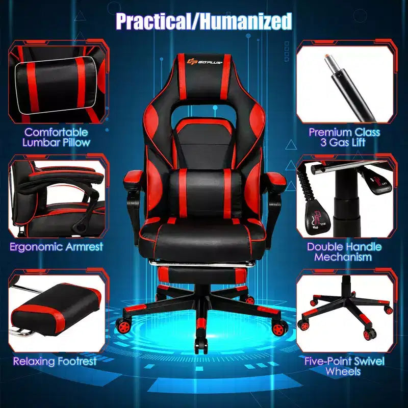 Sillón de masaje para juegos Costway, silla de oficina para computadora reclinable, estilo carreras, con reposapiés, en blanco/negro/azul/rojo