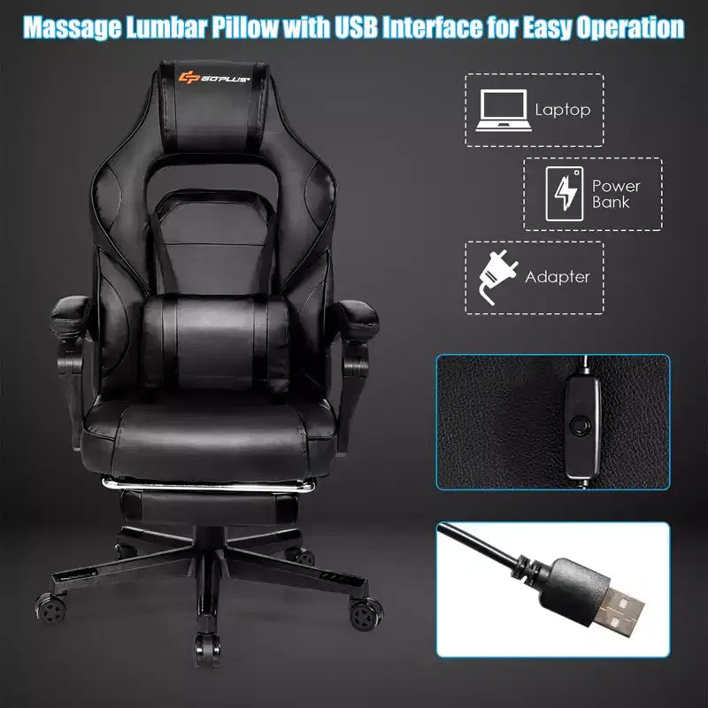 Sillón de masaje para juegos Costway, silla de oficina para computadora reclinable, estilo carreras, con reposapiés, en blanco/negro/azul/rojo