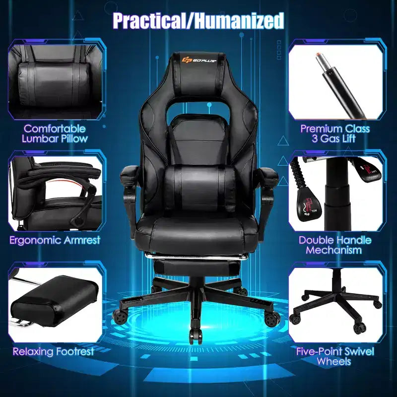 Sillón de masaje para juegos Costway, silla de oficina para computadora reclinable, estilo carreras, con reposapiés, en blanco/negro/azul/rojo