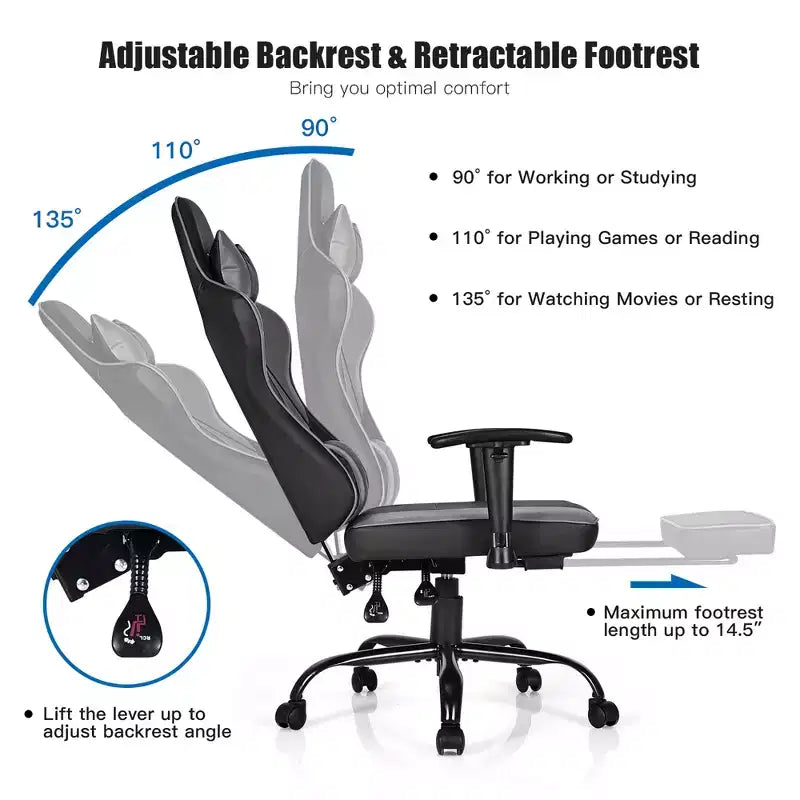 Silla de oficina para juegos Costway, de carreras con respaldo alto y reposapiés, negra