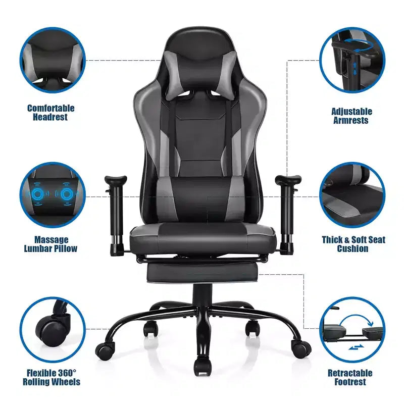 Silla de oficina para juegos Costway, de carreras con respaldo alto y reposapiés, negra
