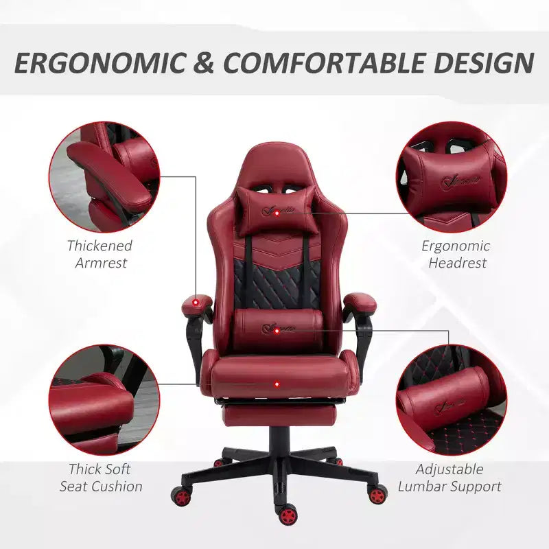 Vinsetto Silla de oficina para juegos de carreras, de cuero sintético con diseño de diamante, reclinable con respaldo alto y reposapiés, soporte lumbar, altura ajustable