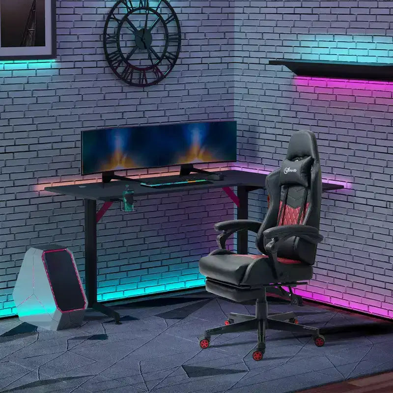 Vinsetto Silla de oficina para juegos de carreras, de cuero sintético con diseño de diamante, reclinable con respaldo alto y reposapiés, soporte lumbar, altura ajustable