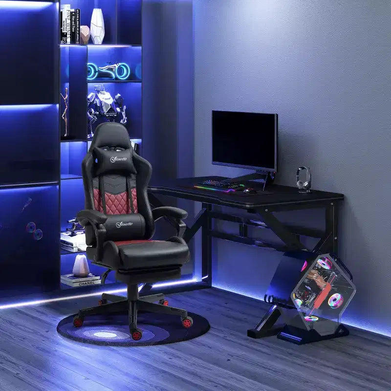Vinsetto Silla de oficina para juegos de carreras, de cuero sintético con diseño de diamante, reclinable con respaldo alto y reposapiés, soporte lumbar, altura ajustable
