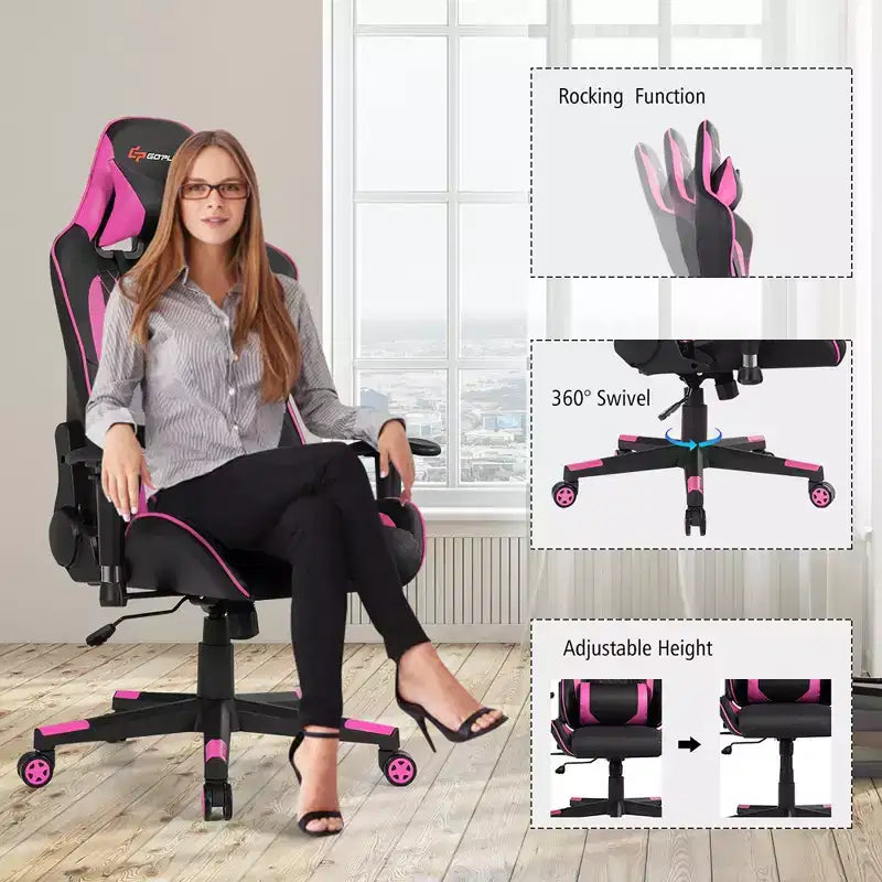 Silla reclinable de carreras Costway para videojuegos con masaje, soporte lumbar y reposacabezas, blanca/azul/rosa/roja