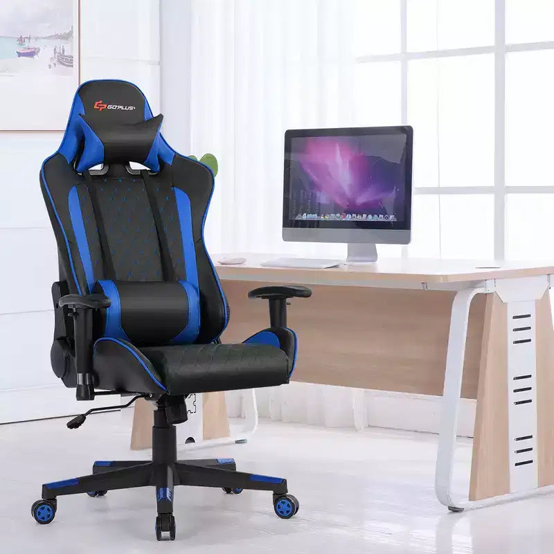 Silla reclinable de carreras Costway para videojuegos con masaje, soporte lumbar y reposacabezas, blanca/azul/rosa/roja