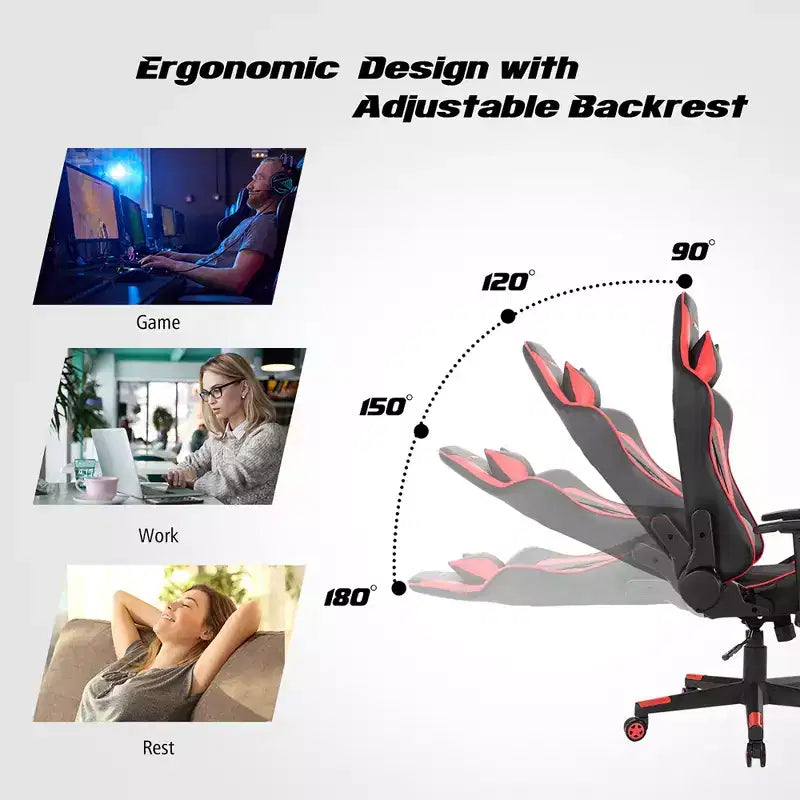 Silla reclinable de carreras Costway para videojuegos con masaje, soporte lumbar y reposacabezas, blanca/azul/rosa/roja