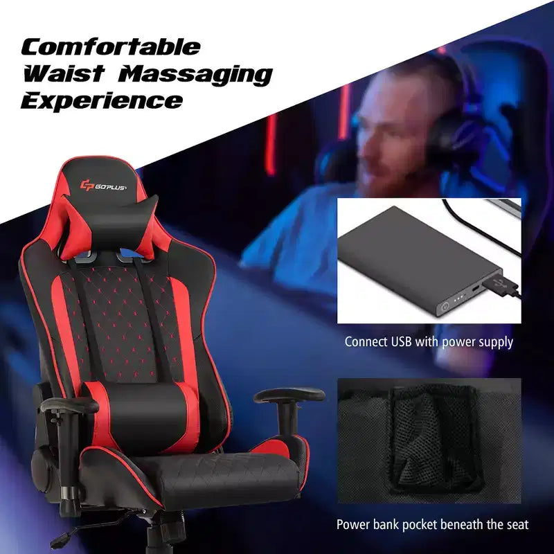 Silla reclinable de carreras Costway para videojuegos con masaje, soporte lumbar y reposacabezas, blanca/azul/rosa/roja