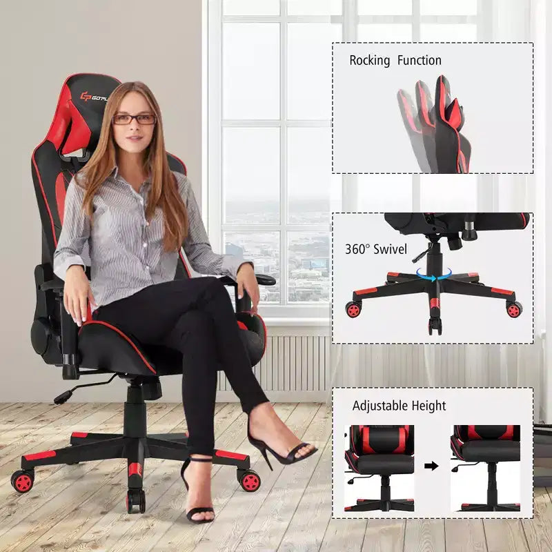 Silla reclinable de carreras Costway para videojuegos con masaje, soporte lumbar y reposacabezas, blanca/azul/rosa/roja