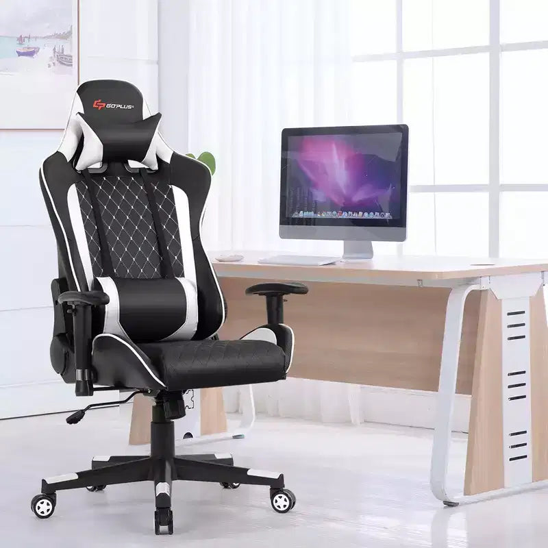 Silla reclinable de carreras Costway para videojuegos con masaje, soporte lumbar y reposacabezas, blanca/azul/rosa/roja