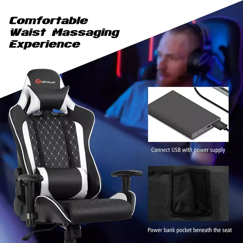 Silla reclinable de carreras Costway para videojuegos con masaje, soporte lumbar y reposacabezas, blanca/azul/rosa/roja