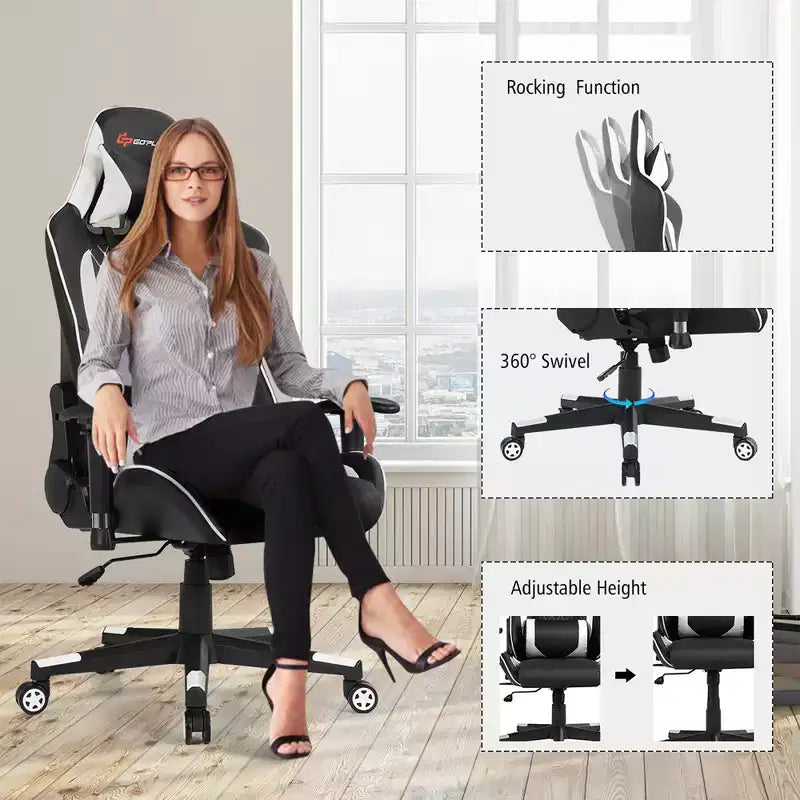 Silla reclinable de carreras Costway para videojuegos con masaje, soporte lumbar y reposacabezas, blanca/azul/rosa/roja