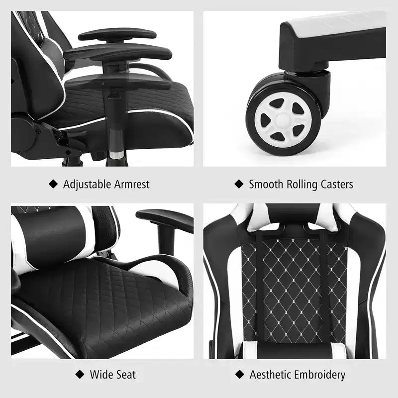 Silla reclinable de carreras Costway para videojuegos con masaje, soporte lumbar y reposacabezas, blanca/azul/rosa/roja