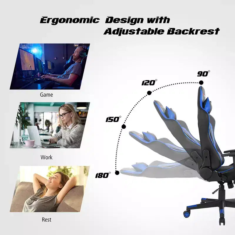 Silla reclinable de carreras Costway para videojuegos con masaje, soporte lumbar y reposacabezas, blanca/azul/rosa/roja