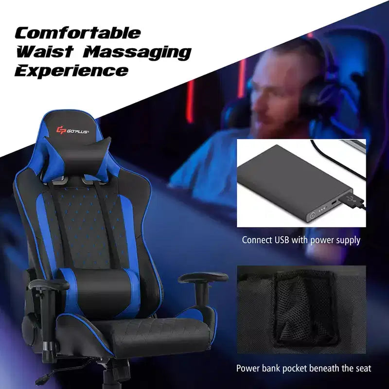 Silla reclinable de carreras Costway para videojuegos con masaje, soporte lumbar y reposacabezas, blanca/azul/rosa/roja