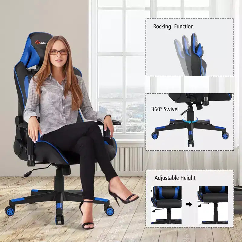 Silla reclinable de carreras Costway para videojuegos con masaje, soporte lumbar y reposacabezas, blanca/azul/rosa/roja