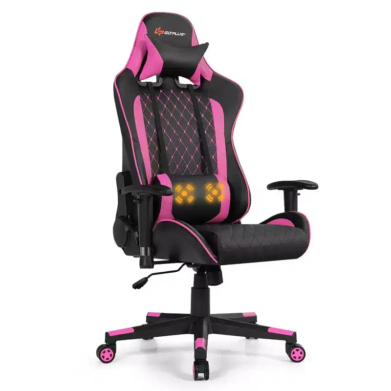 Silla reclinable de carreras Costway para videojuegos con masaje, soporte lumbar y reposacabezas, blanca/azul/rosa/roja