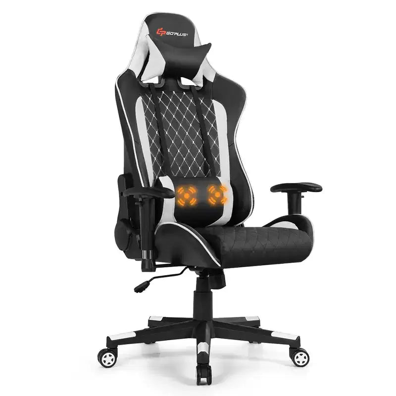 Silla reclinable de carreras Costway para videojuegos con masaje, soporte lumbar y reposacabezas, blanca/azul/rosa/roja