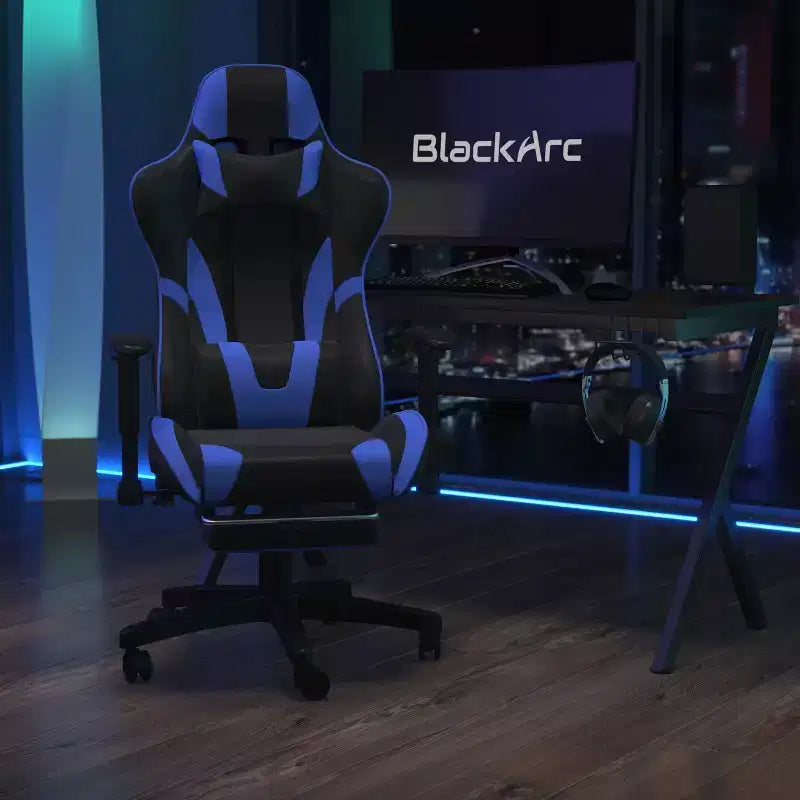 Sillón reclinable gamer de piel sintética BlackArc - Brazos pivotantes ajustables en altura, reposapiés extraíble, cojines para la cabeza y lumbares